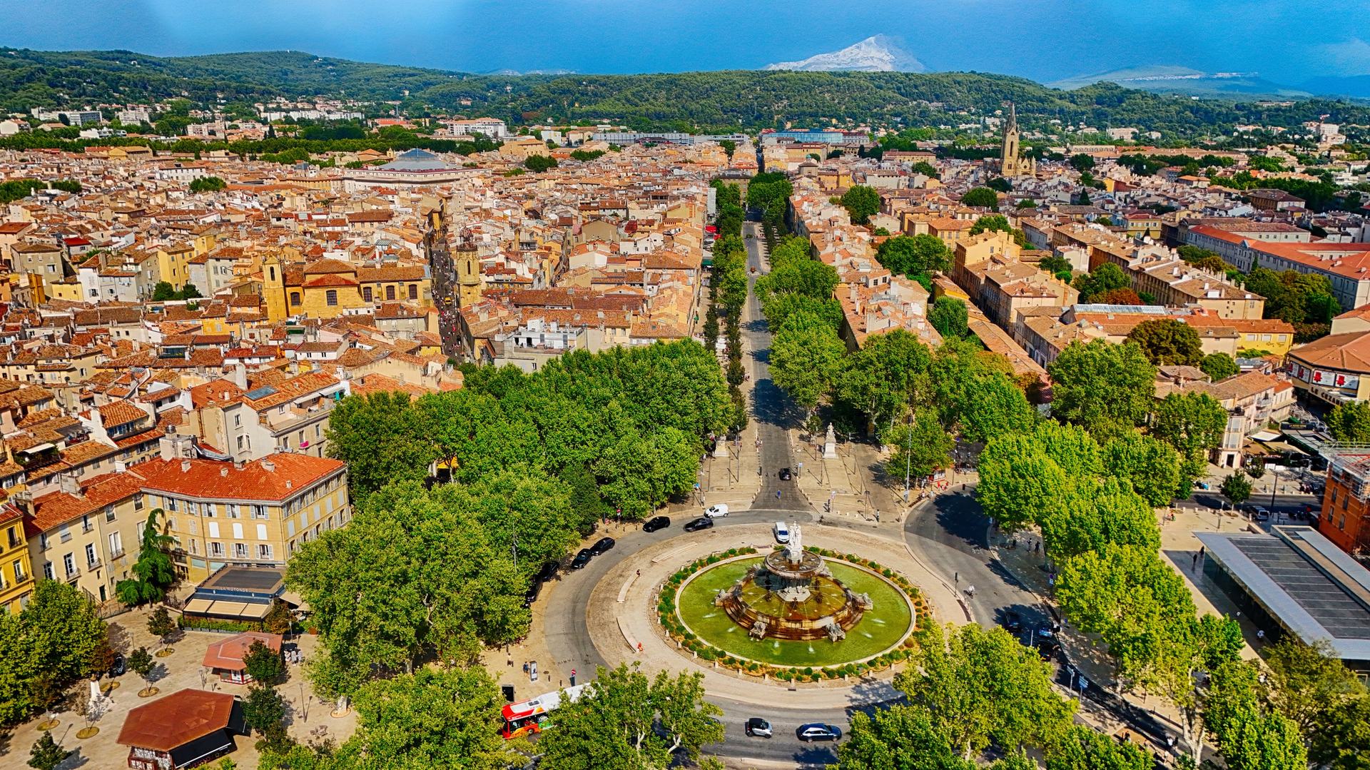 Aerial view of Aix-en-Provence: La Rotonde fountain, Cours Mirabeau and Montagne Sainte-Victoire